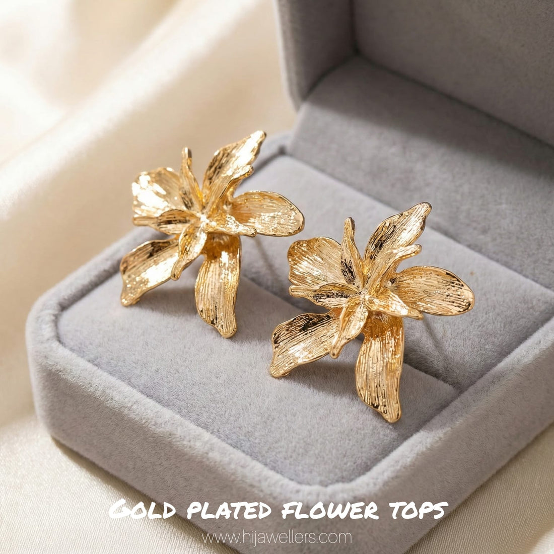 Hijawellers 18K Gold Plated Lily Floral Stud Earrings – Textured Petal Statement Tops