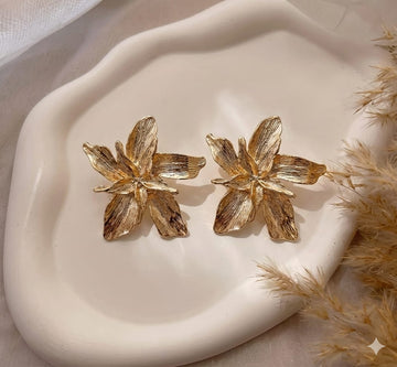 Hijawellers 18K Gold Plated Lily Floral Stud Earrings – Textured Petal Statement Tops