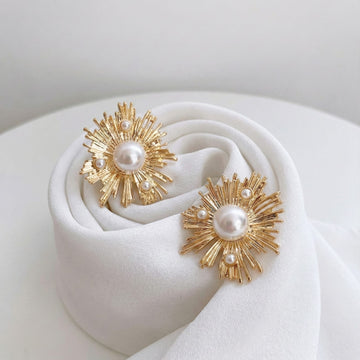 Celestial Pearl Sunburst Gold-Plated Stud Earrings
