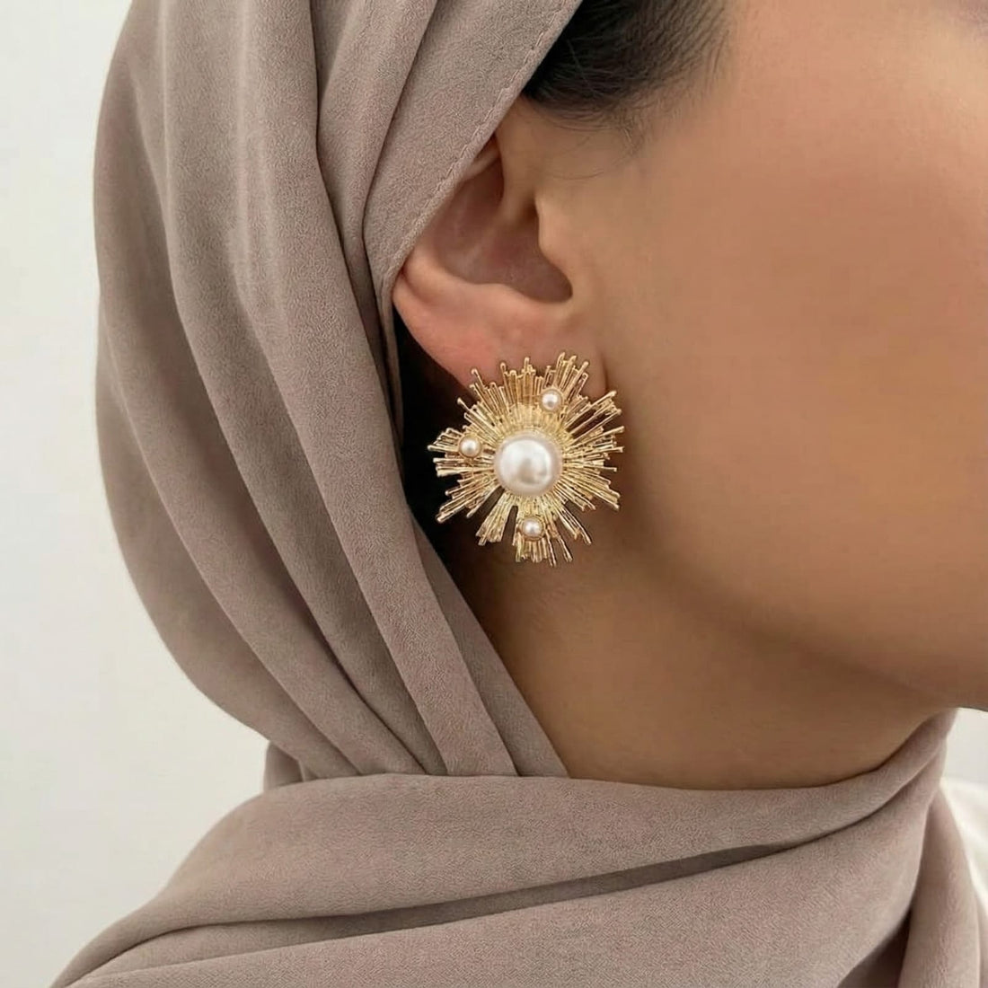 Celestial Pearl Sunburst Gold-Plated Stud Earrings
